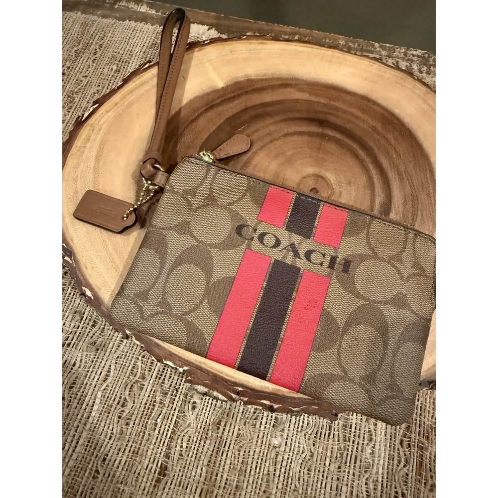 Coach Varsity Corner Zip Khaki/Pink Stripe Small Wristlet F66052